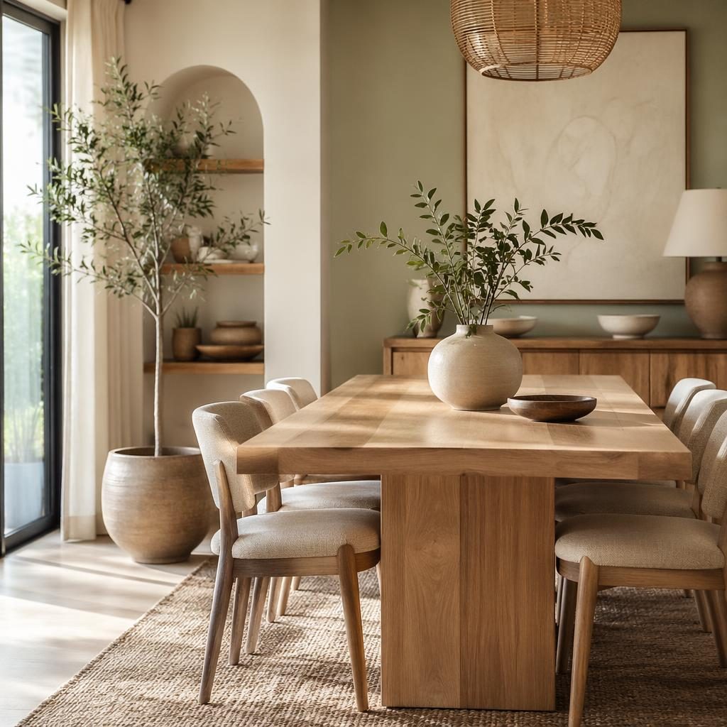 Minimalist living room in sage and cream tones with soft daylight, natural materials, plants, textiles and wall art.