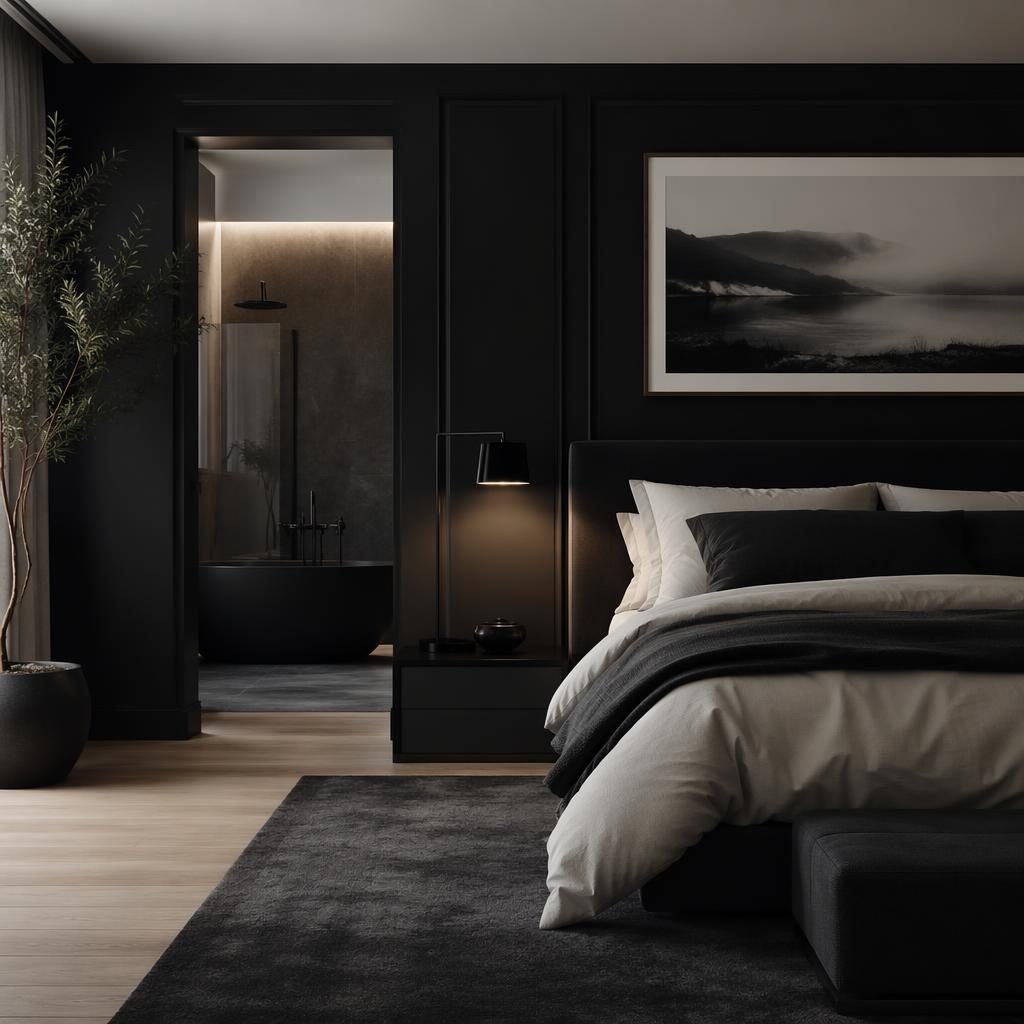Moody black and white luxury interior with minimalist bathroom, black fixtures, natural materials, plants, art, and textiles.
