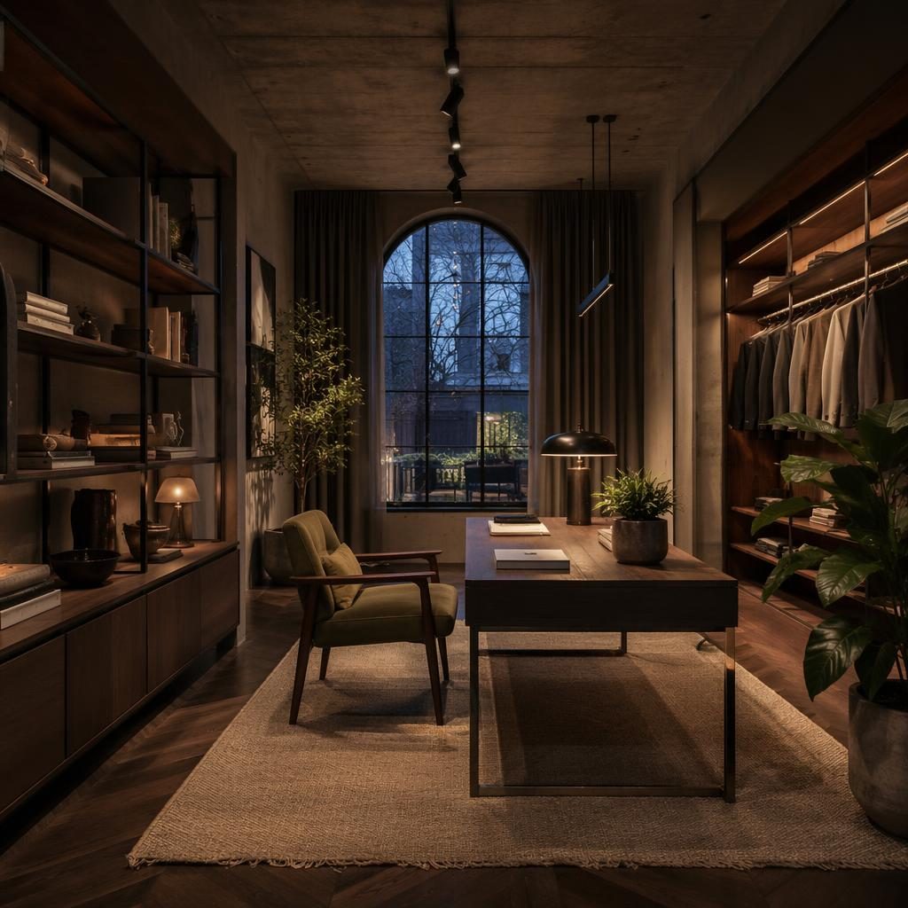 Bureau japandi art déco avec rangements sur mesure, tons sauge et crème, bois naturel, plantes et éclairage du soir