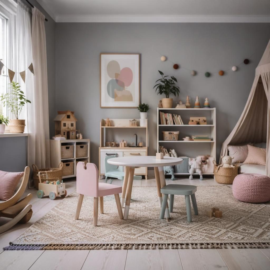 Pastel kids playroom interior with soft grey tones, natural materials, plants, art, textiles, and diffused overcast light.