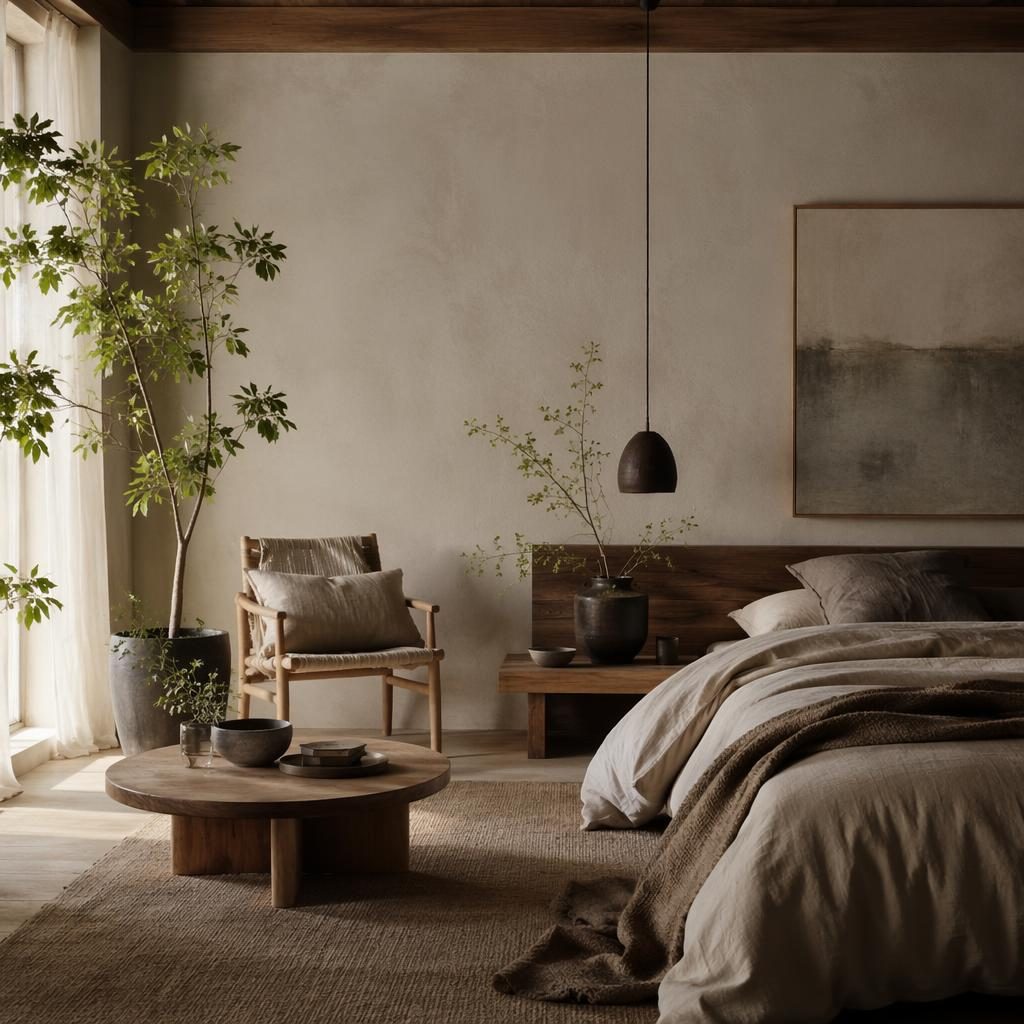 Chambre scandinave wabi-sabi aux tons terre, lumière douce, matériaux naturels, plantes, textiles et coin détente.