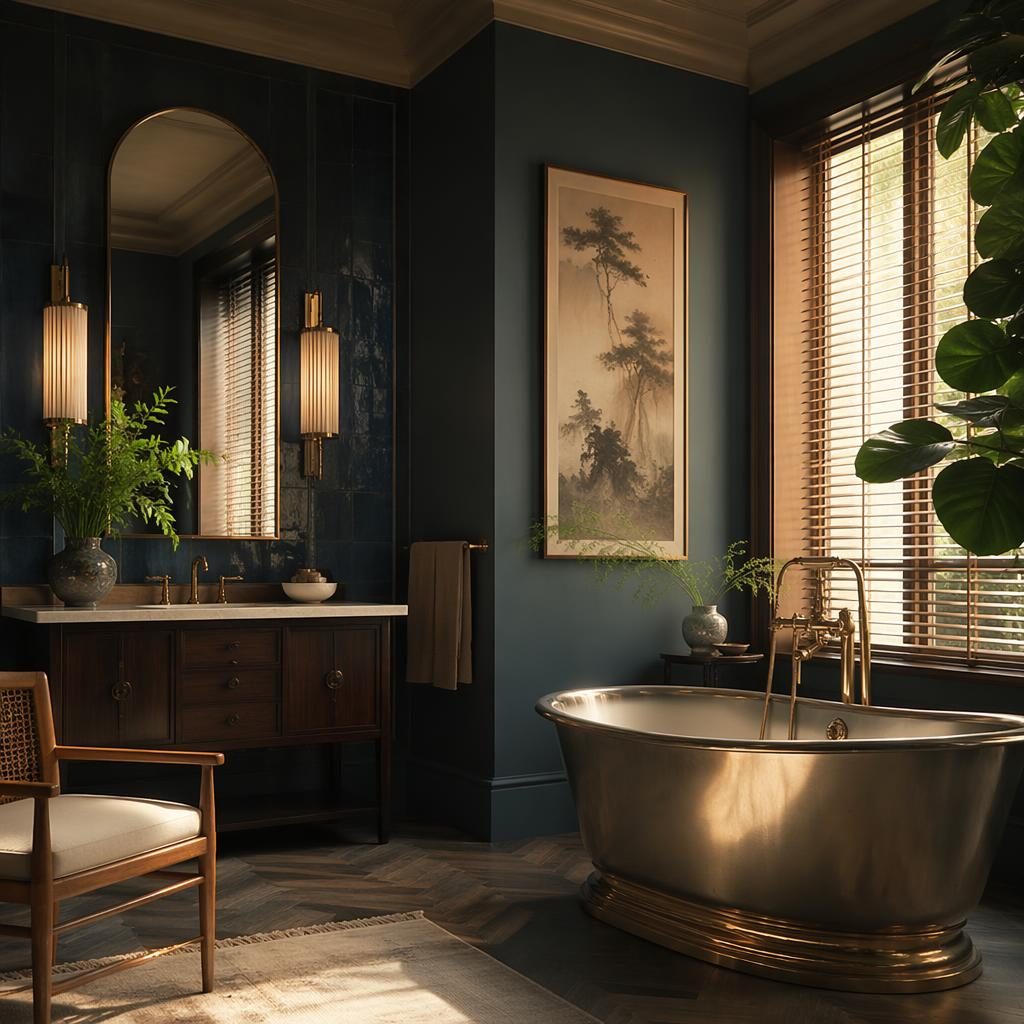 Salle de bain art déco bleu et laiton à la lumière dorée, matériaux naturels, plantes, textiles et composition soignée.