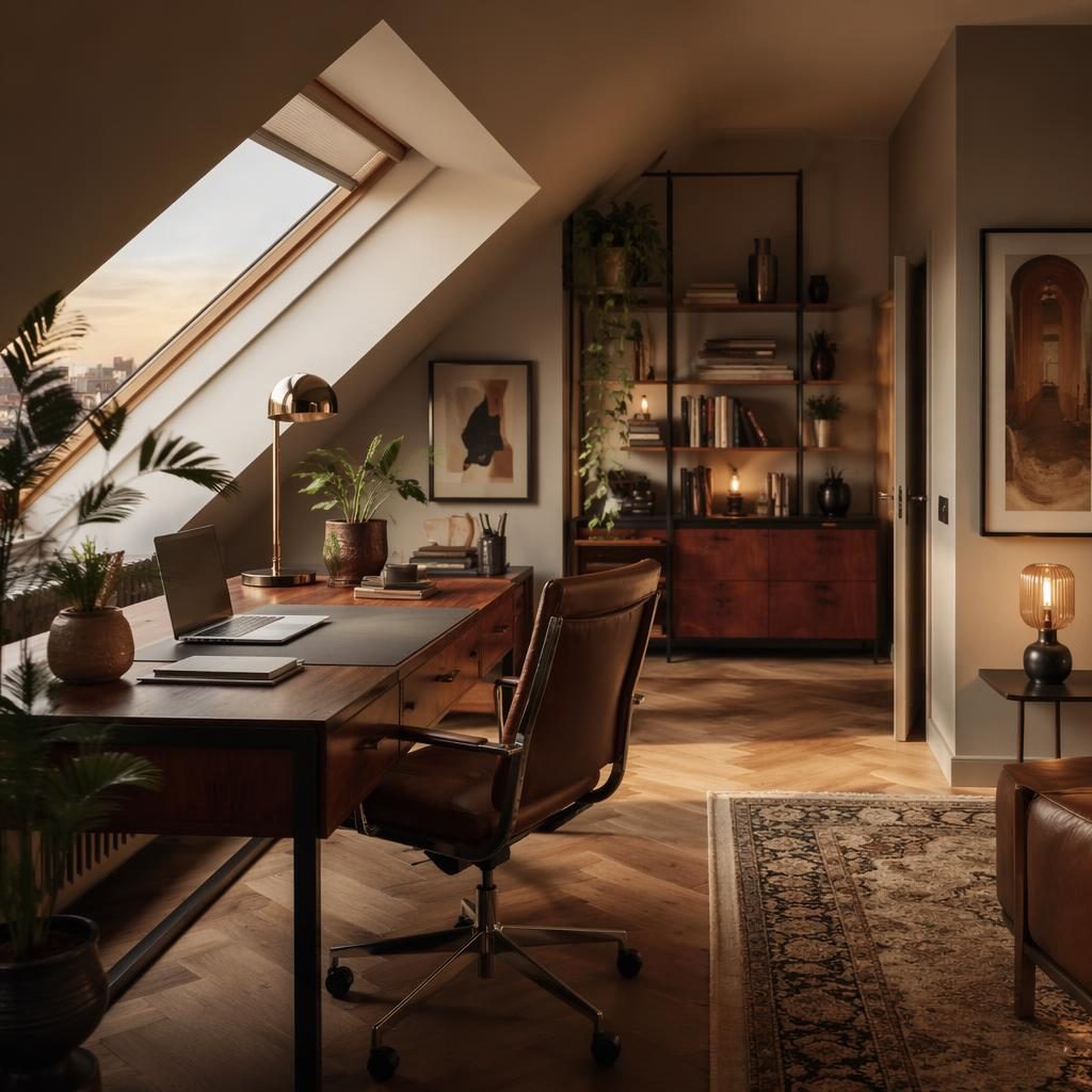 Art-Déco-Homeoffice in warmen Naturtönen mit Metallrahmenbett, Pflanzen, Textilien und goldenem Abendlicht
