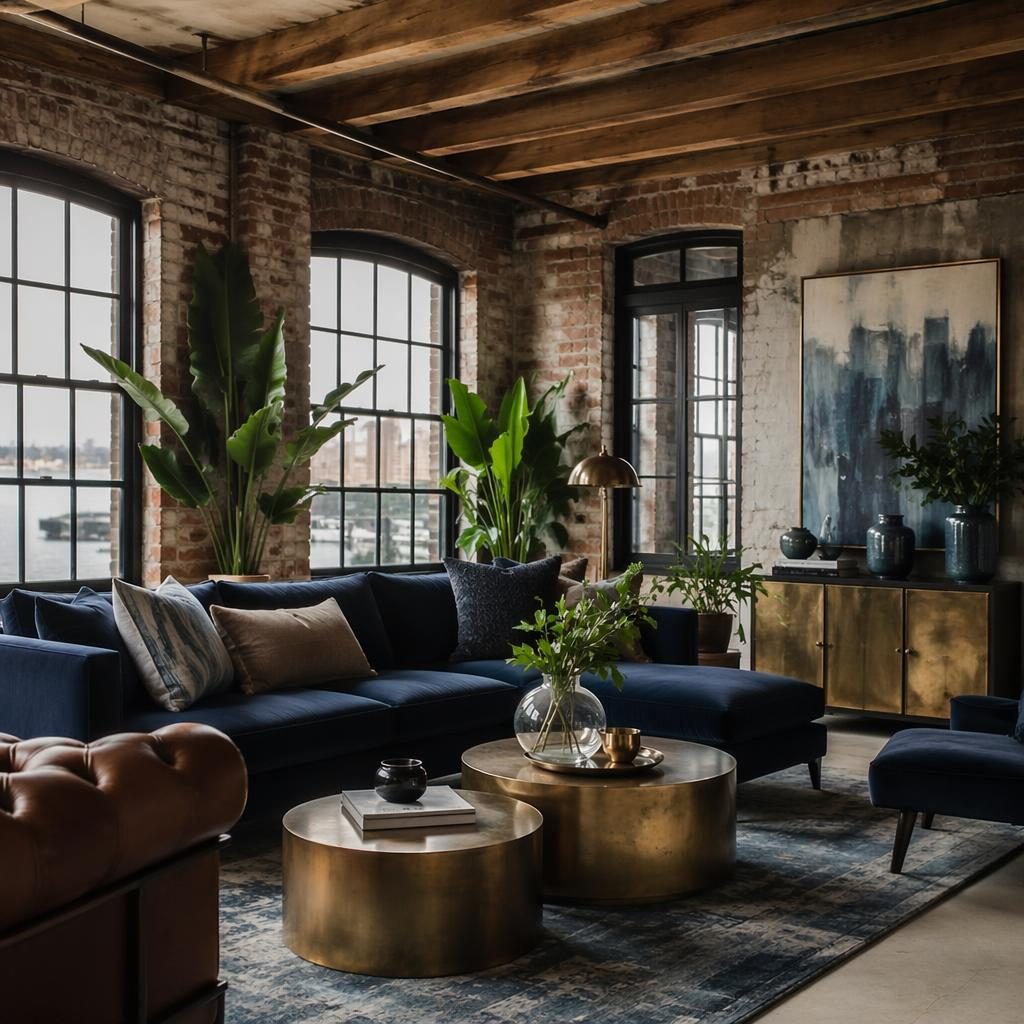 Salón tipo loft industrial costero con paleta azul y latón, luz suave, materiales naturales, plantas, arte y textiles.