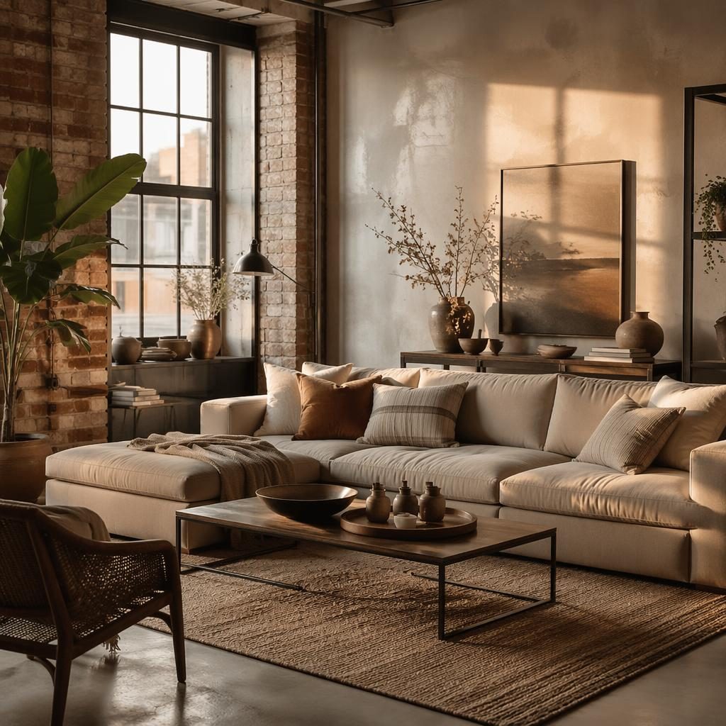 Skandinavisches Loft-Wohnzimmer mit Erdtönen, goldenem Licht, Naturmaterialien, Pflanzen, Kunst und Textilien