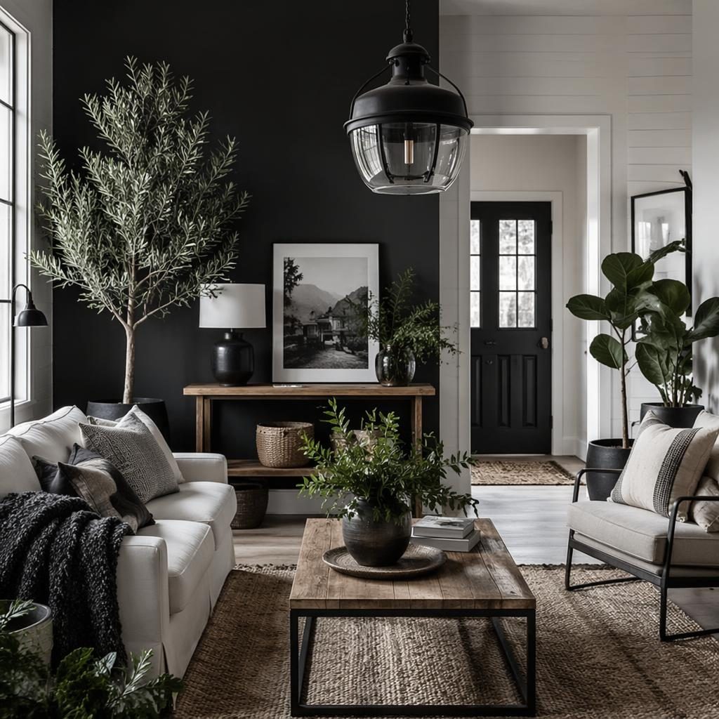 Salón modern farmhouse con entrada industrial, paleta en blanco y negro, muebles de materiales naturales, plantas, arte y textiles.