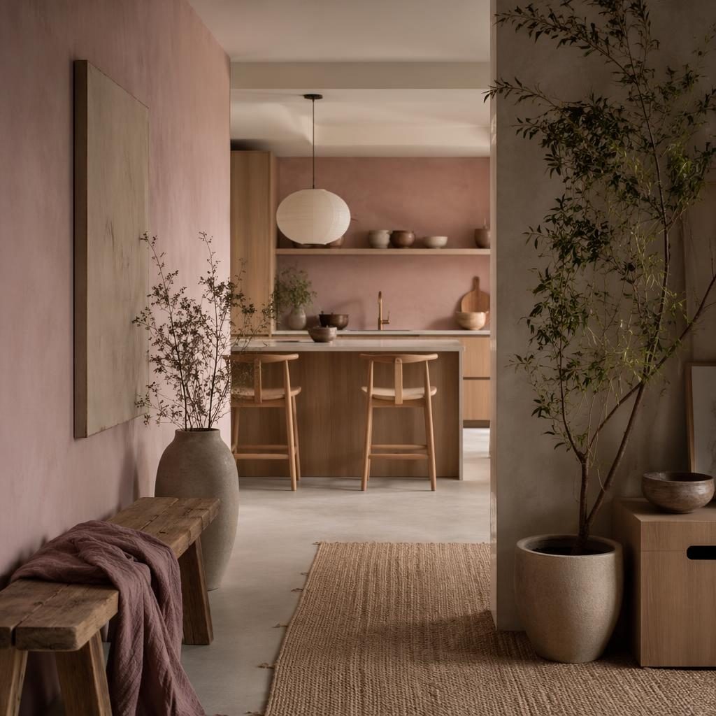 Entrée wabi-sabi aux tons rose pastel et beige avec îlot de cuisine japandi, matières naturelles, plantes et déco.