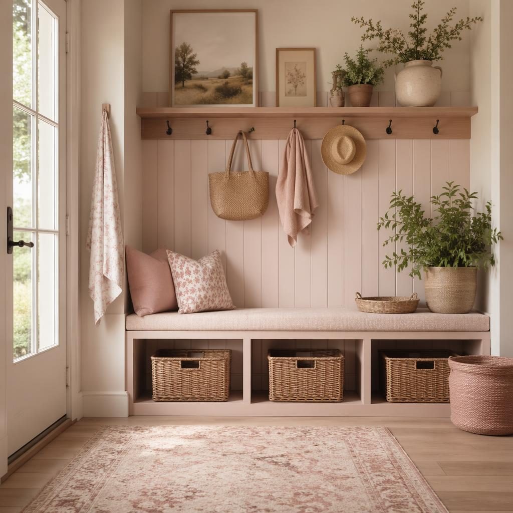 Mudroom farmhouse con banco, cestas, textiles, plantas y paleta rosa pastel y beige con luz natural suave.