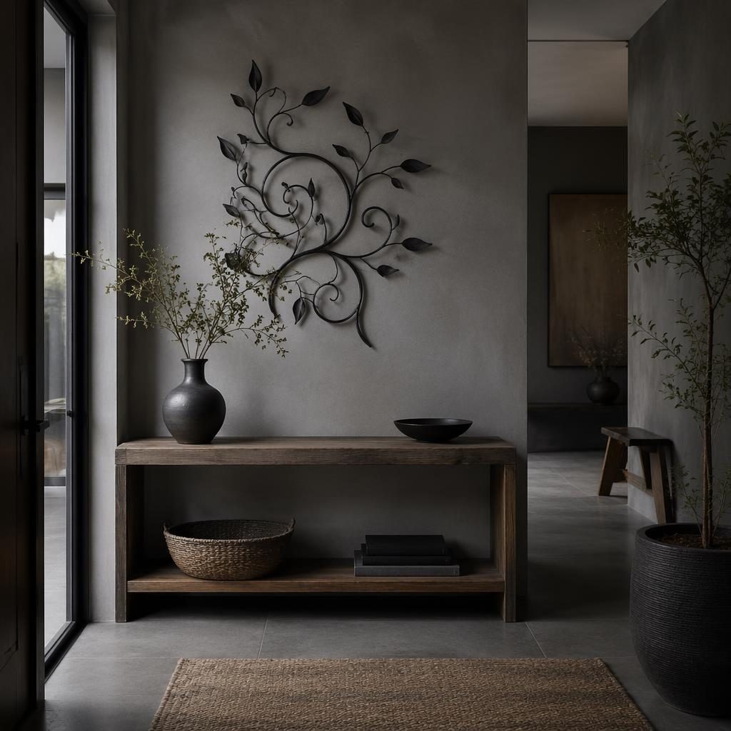 Entrée japandi en gris froid avec décoration murale en fer forgé, bois clair, textiles, plantes et lumière diffuse