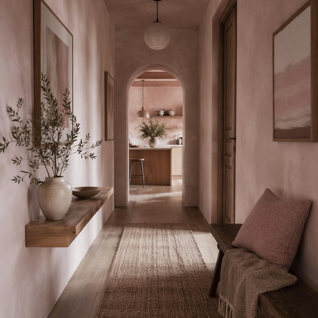 Entrada interior estilo farmhouse con isla de cocina japandi, tonos rosa pastel y beige, plantas, arte y textiles.