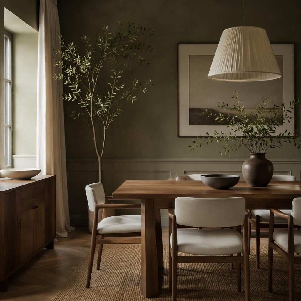Scandinavian dining room with sage and cream palette, natural wood, textiles, plants, art, and moody lighting