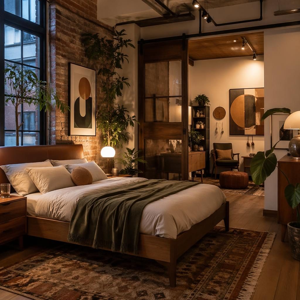 Industrial loft style interior with mid-century furniture, earth tones, plants, art, textiles, and warm evening light
