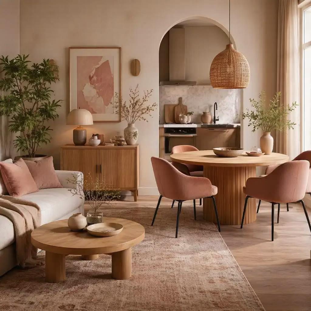Boho-Ankleidezimmer in Pastellrosa und Beige mit Naturmaterialien, Pflanzen, Textilien und weichem Tageslicht
