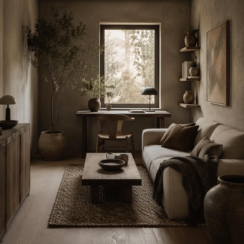 Moody Scandinavian bathroom with warm neutral tones, natural wood, stone, plants, textiles, and soft cinematic lighting.