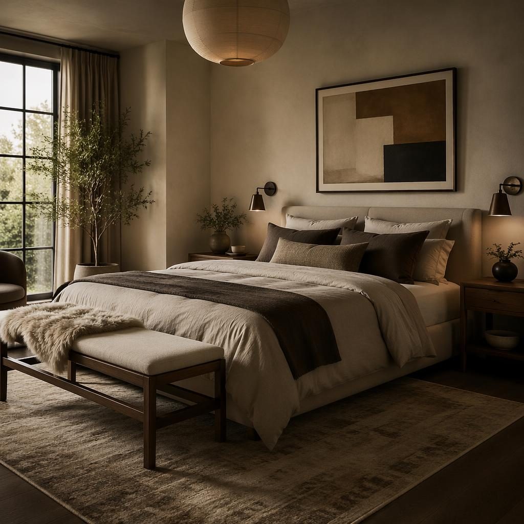 Luxury contemporary master suite with warm neutral tones, natural wood, textiles, plants, art, and moody ambient light.
