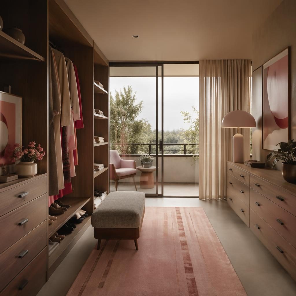 Mid-century walk-in closet with pastel pink and beige tones, natural materials, plants, art, and a Japandi balcony.