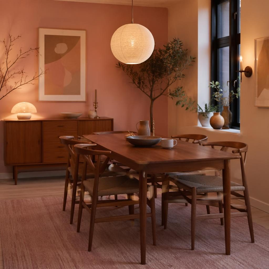 Scandinavian dining room with warm wood mid-century furniture, pastel pink and beige decor, plants, art, and evening light