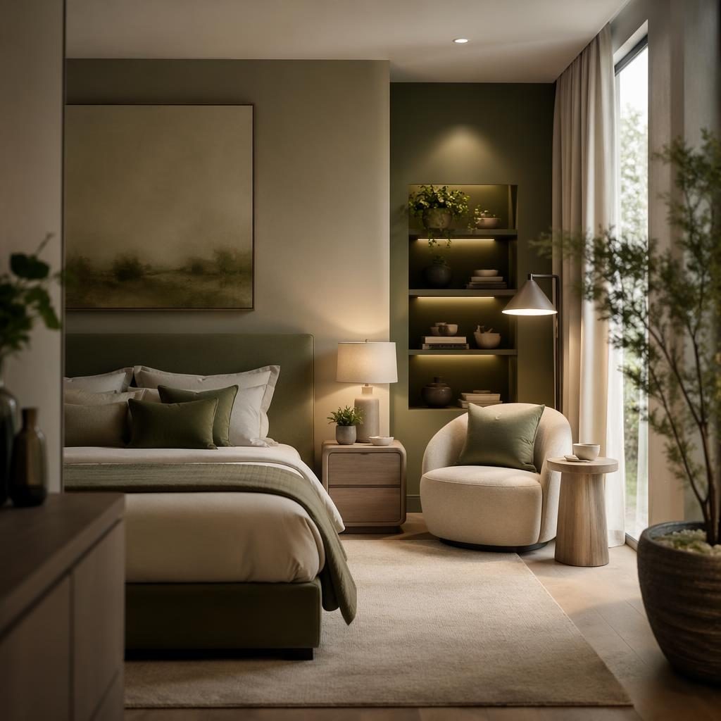 Sage and cream interior rendering with a cozy reading nook, upholstered seating, plants, textiles, and moody lighting