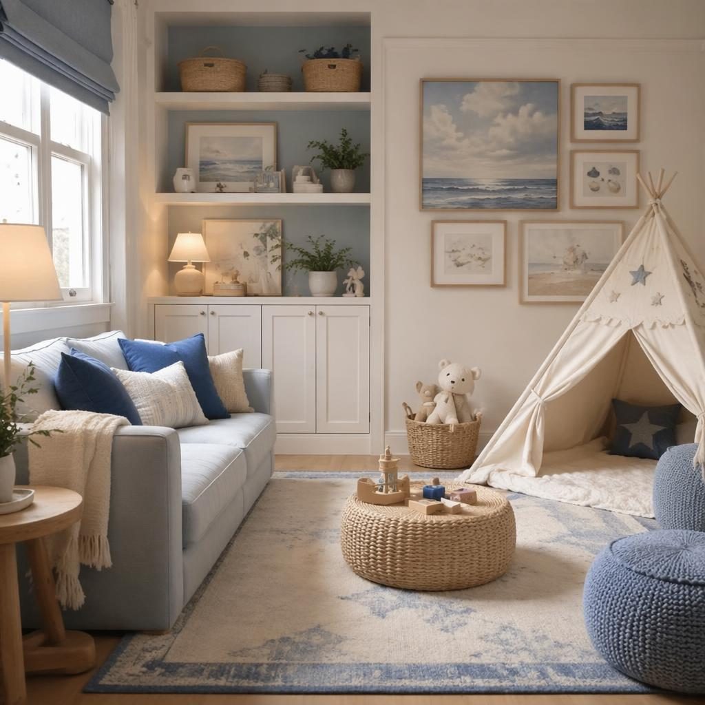 Pastel kids playroom reading nook with blue and white interior design, soft textiles, plants, art, and warm evening light.