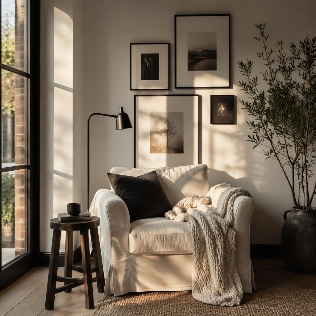 Black and white farmhouse reading nook with gallery wall, armchair, plants, textiles, and golden hour light.