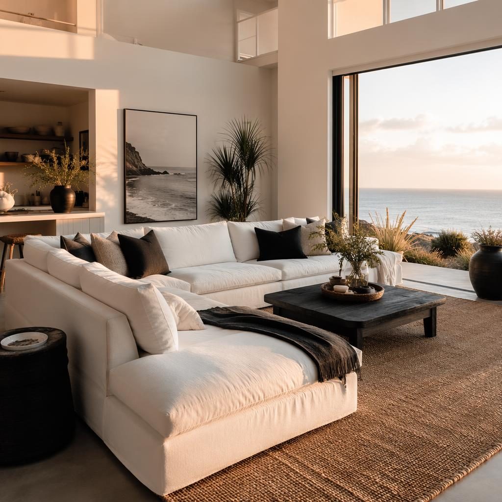 Minimalist white loft living room with black and white decor, natural materials, plants, art, and golden hour light.