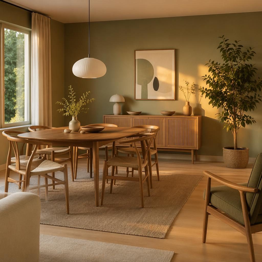 Scandinavian home gym interior with sage and cream tones, natural wood, plants, textiles, and warm golden hour light.