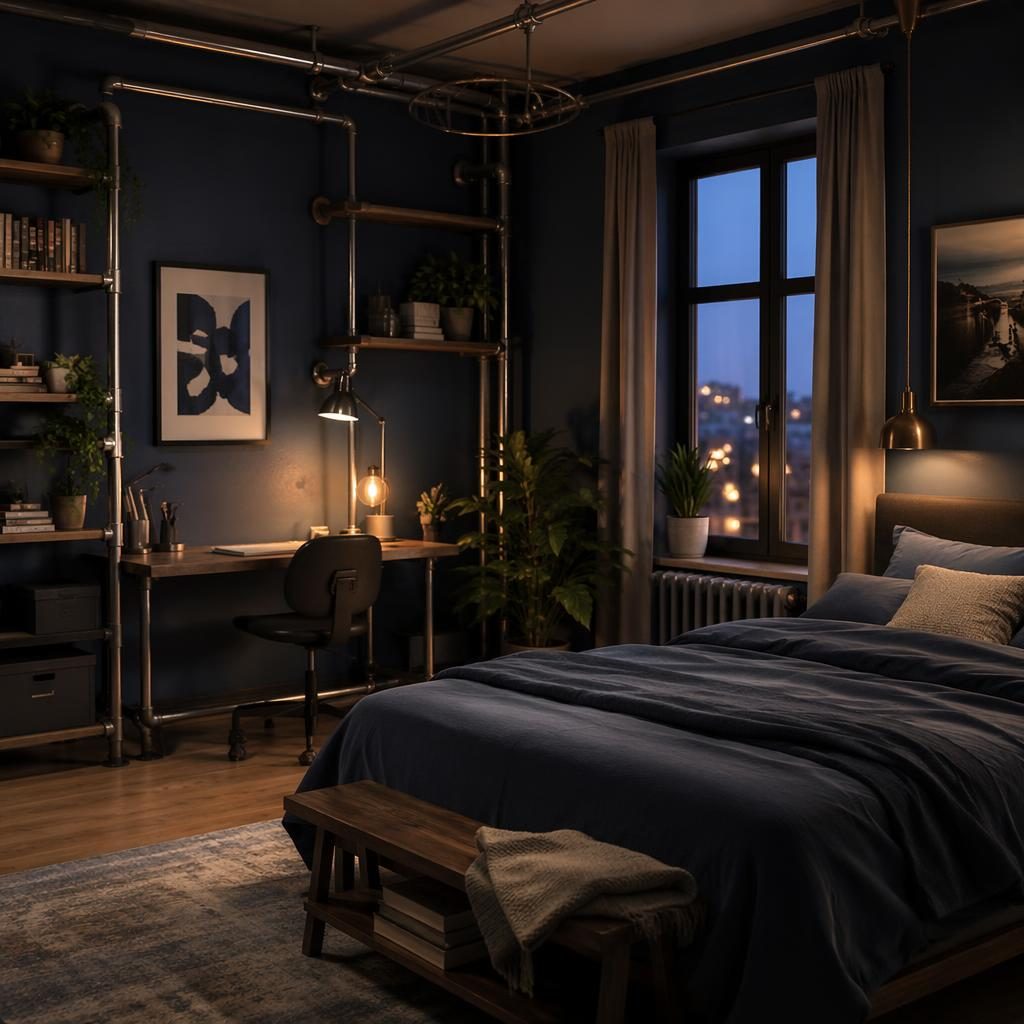 Scandinavian bedroom with blue and brass decor, warm evening light, plants, textiles, art, and exposed office pipes