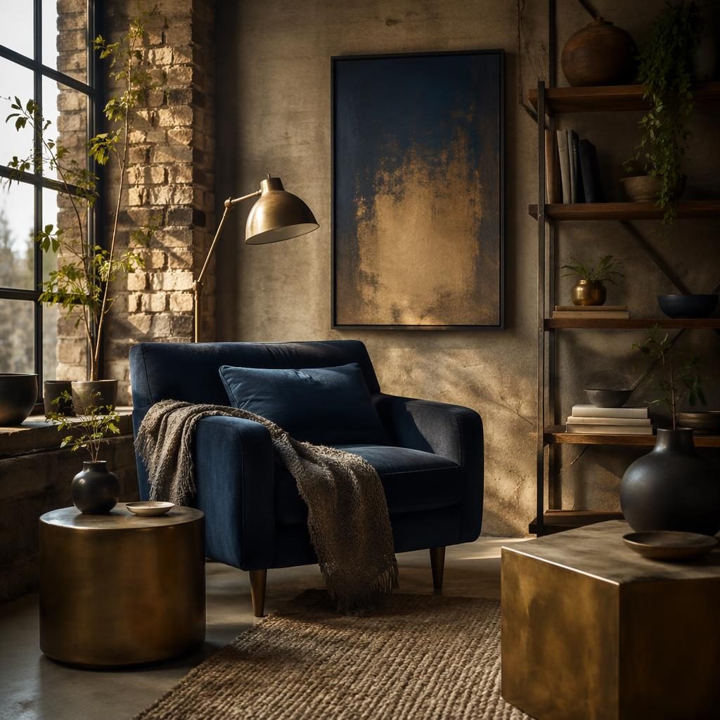 Rincón de lectura wabi sabi en sala industrial, tonos azul y latón, luz dorada, plantas, textiles y materiales naturales.