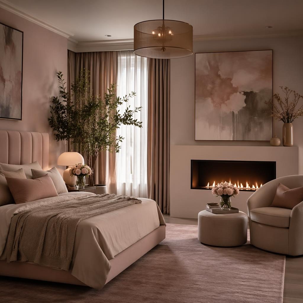 Pastel pink and beige bedroom interior with a modern fireplace, soft textiles, plants, art, and moody natural light.