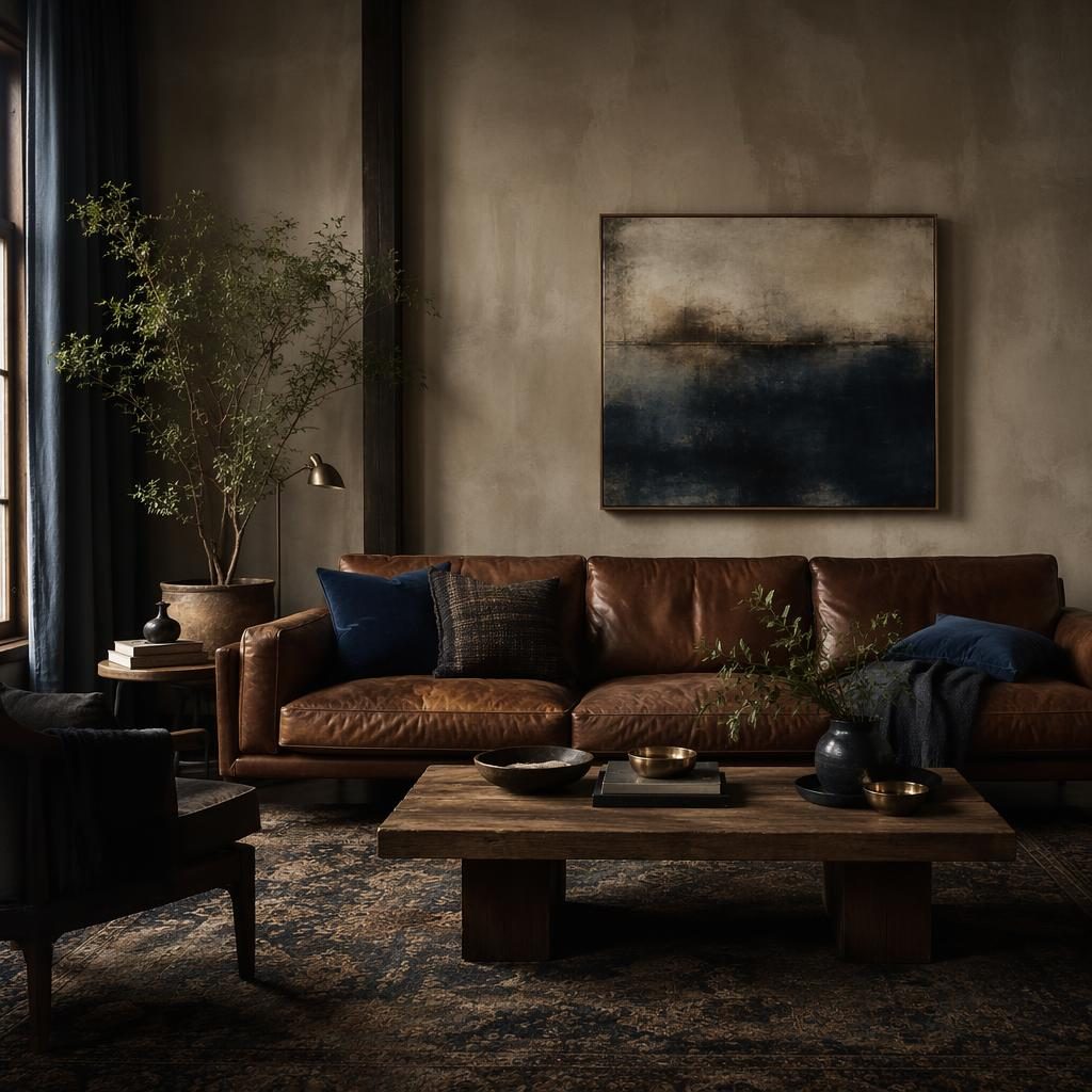 Moody wabi-sabi living room with a brown leather sofa, warm neutrals, brass accents, plants, art, and natural textures.