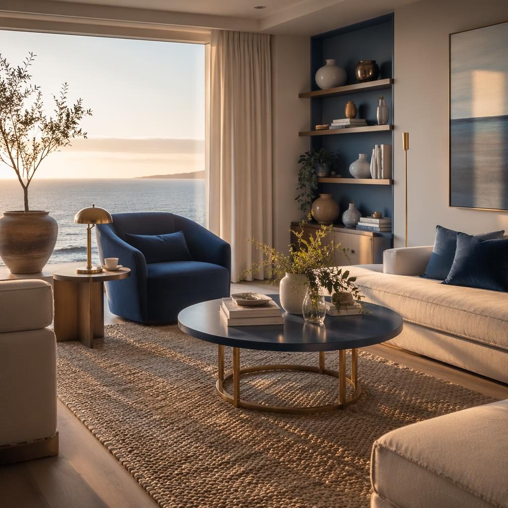 Rincón de lectura nórdico en salón costero blanco y azul, muebles de diseño, latón, plantas y luz dorada