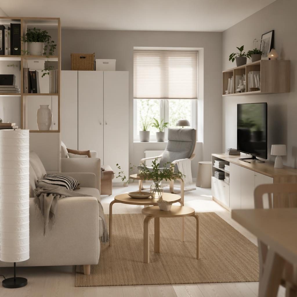 Salon scandinave photoréaliste avec canapé simple, rangements chêne et blanc, étagères ouvertes et lampe papier.