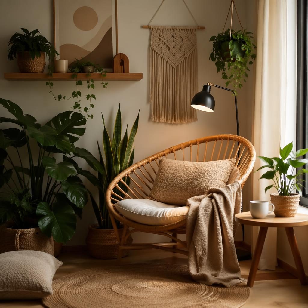 Rincón de lectura boho minimalista con sillón, plantas, textiles neutros, arte mural y luz cálida cinematográfica