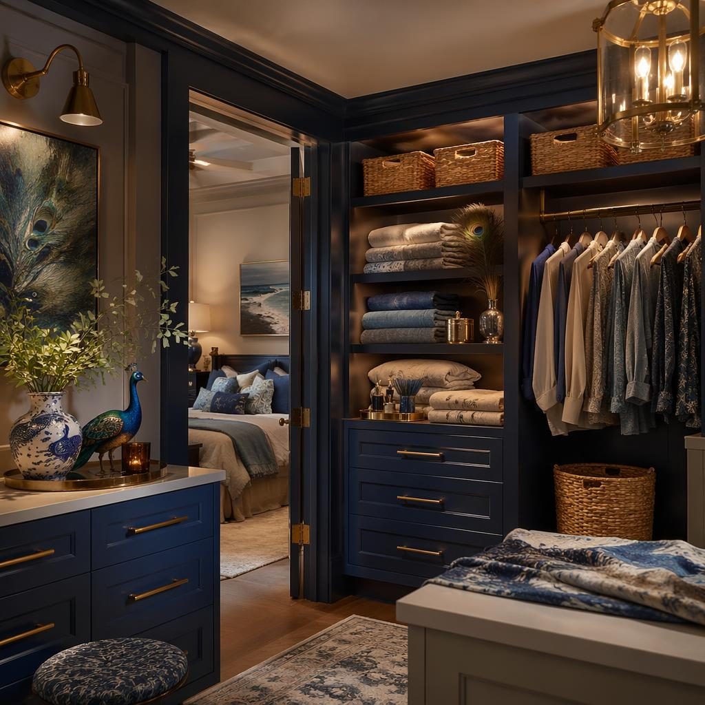 Coastal walk-in closet interior with blue and brass palette, linen storage, plants, art, and peacock decorations