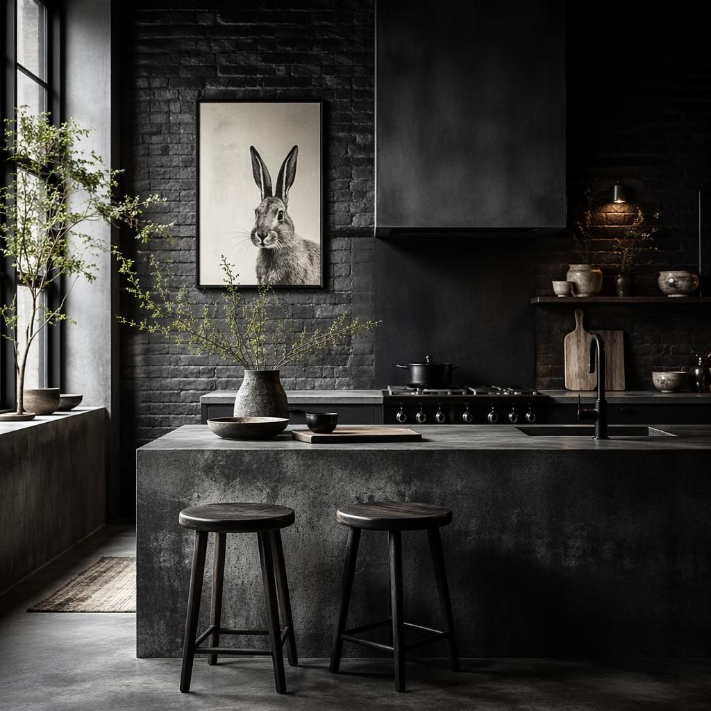 Moody black and white industrial brick kitchen with wabi-sabi styling, natural materials, plants, textiles, art, and rabbit decor.