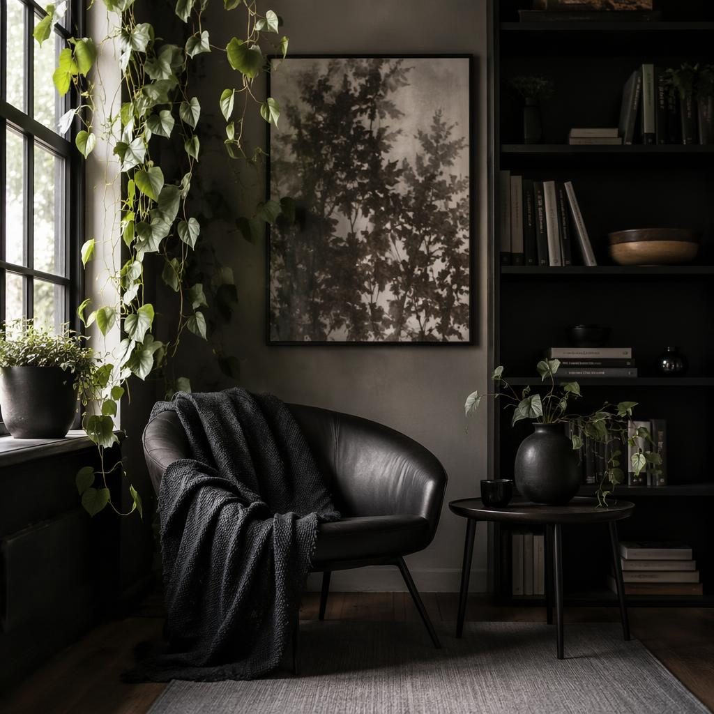 Scandinavian industrial reading nook in black and white with chair, textiles, plants, art, natural materials, and vine decor.