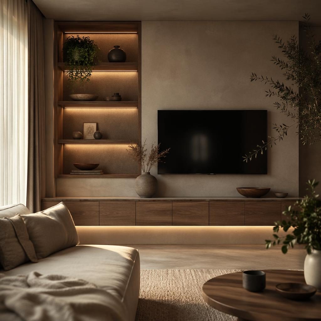 Moody Interior-Rendering mit Japandi-Kücheninsel, warmen Naturtönen, Holz, Pflanzen, Textilien und stimmungsvoller Tiefe.