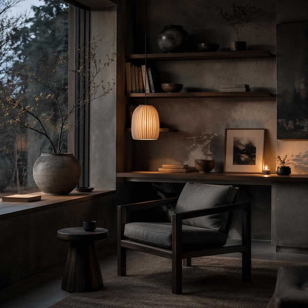 Rincón de lectura japandi wabi-sabi en grises fríos, con sillón, plantas, textiles, arte y luz cálida de tarde.