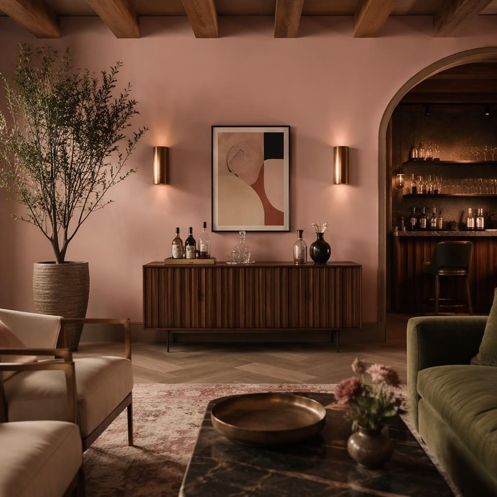 Farmhouse-Homeoffice mit Mid-Century-Home-Bar, rosa-beiger Palette, Pflanzen, Kunst, Textilien und natürlichen Materialien