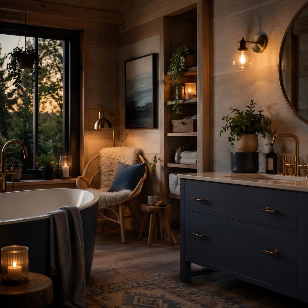 Baño boho con rincón de lectura escandinavo, paleta azul y latón, plantas, textiles, arte y luz cálida de tarde.