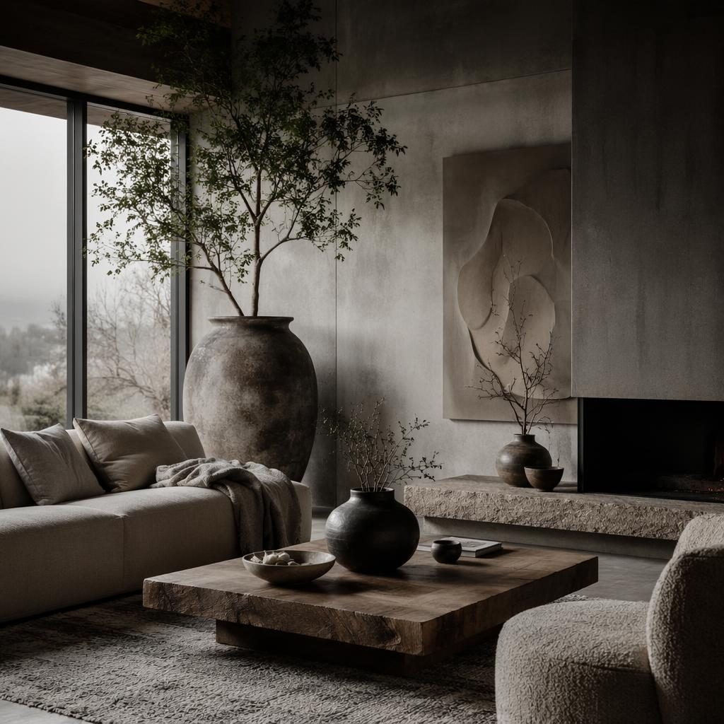 Earth-tone wabi-sabi living room with cool grey light, natural materials, plants, textiles, art, and large decorative ornaments.
