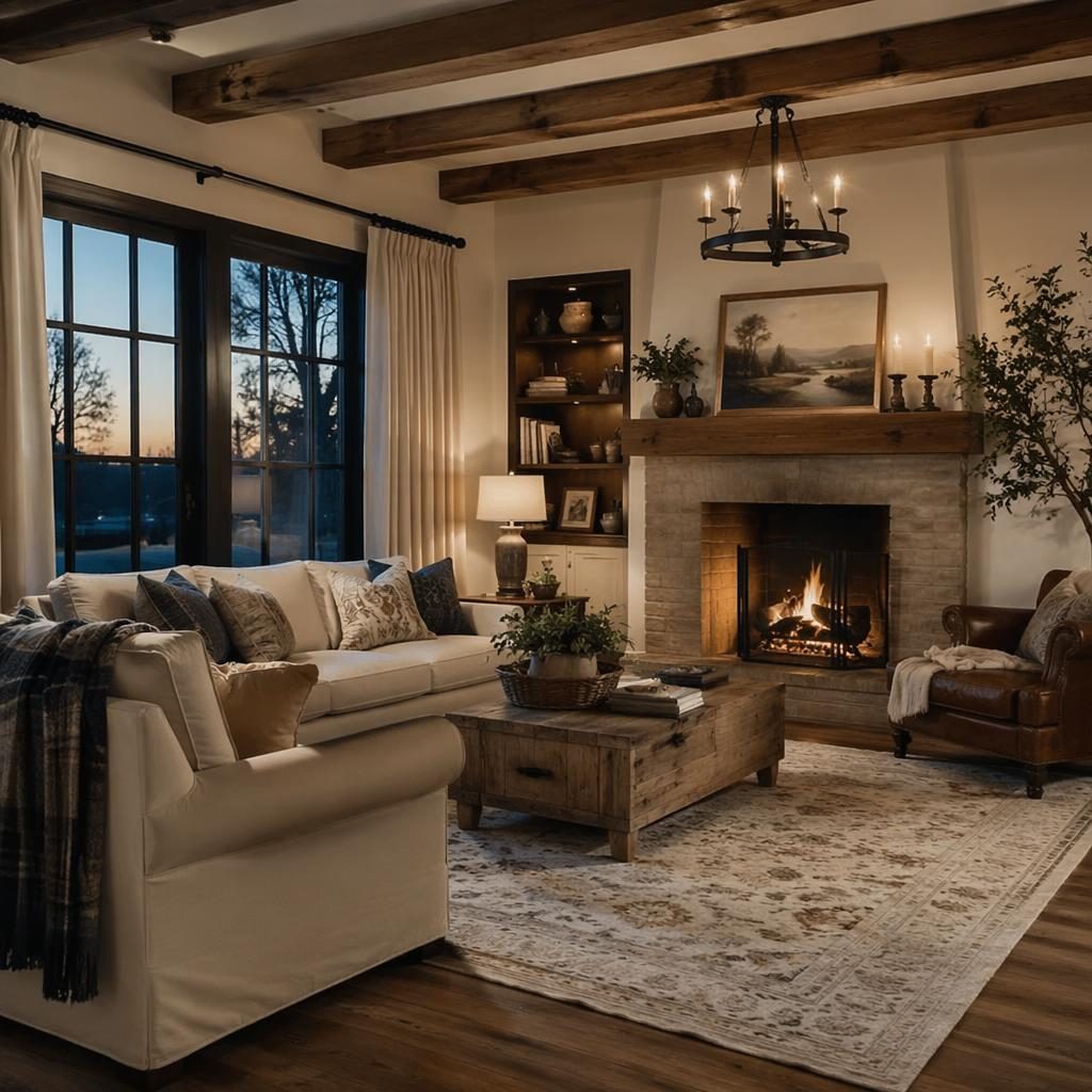 Scandinavian home office reading nook with blue and brass accents, warm evening light, plants, textiles, art, and wood