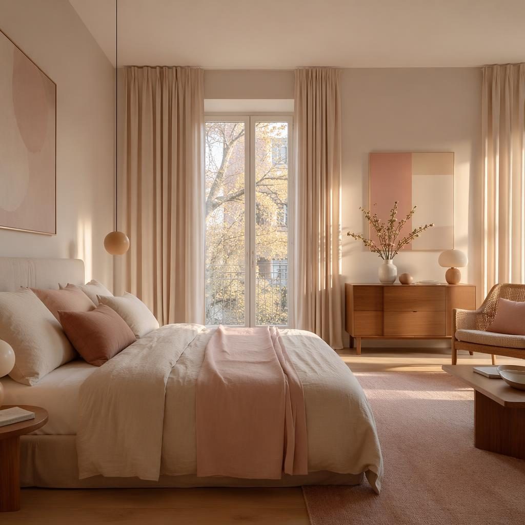 Pastellrosa-beiges Schlafzimmer mit natürlichen Materialien, Textilien, Kunst, Pflanzen und warmem Golden-Hour-Licht.