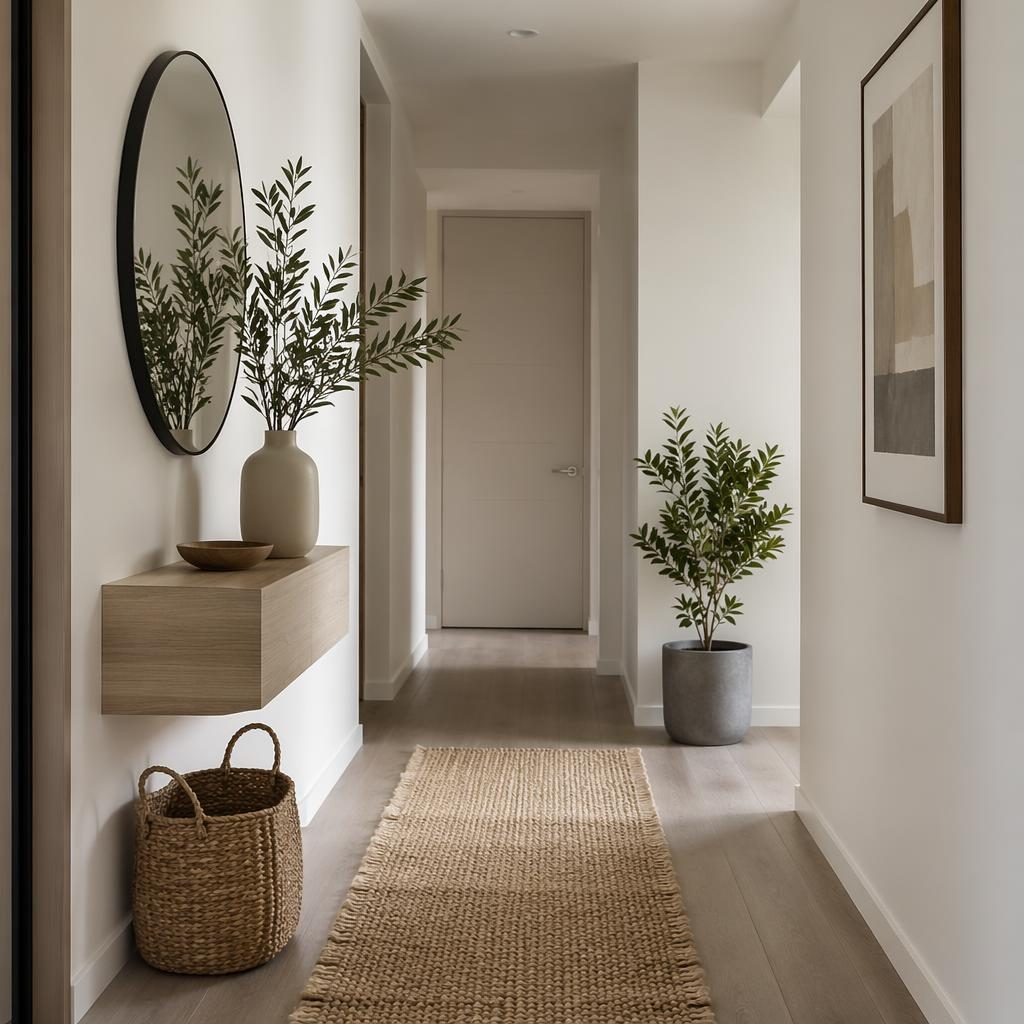 Loft blanco minimalista con zona de recibidor pequeña, tonos grises, luz natural, plantas, arte textil y muebles de madera.