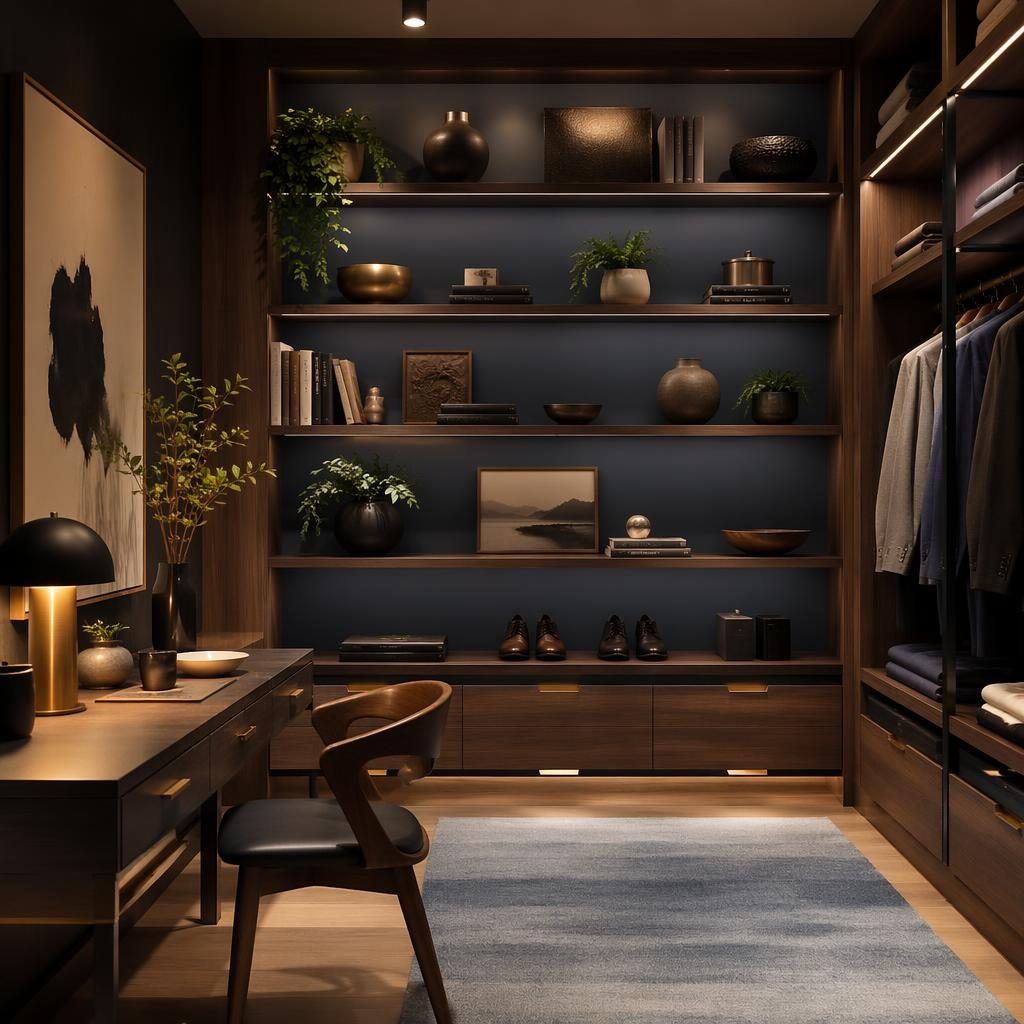 Estudio japandi con estantes de madera, paleta azul y latón, luz cálida, plantas, arte, textiles y materiales naturales.