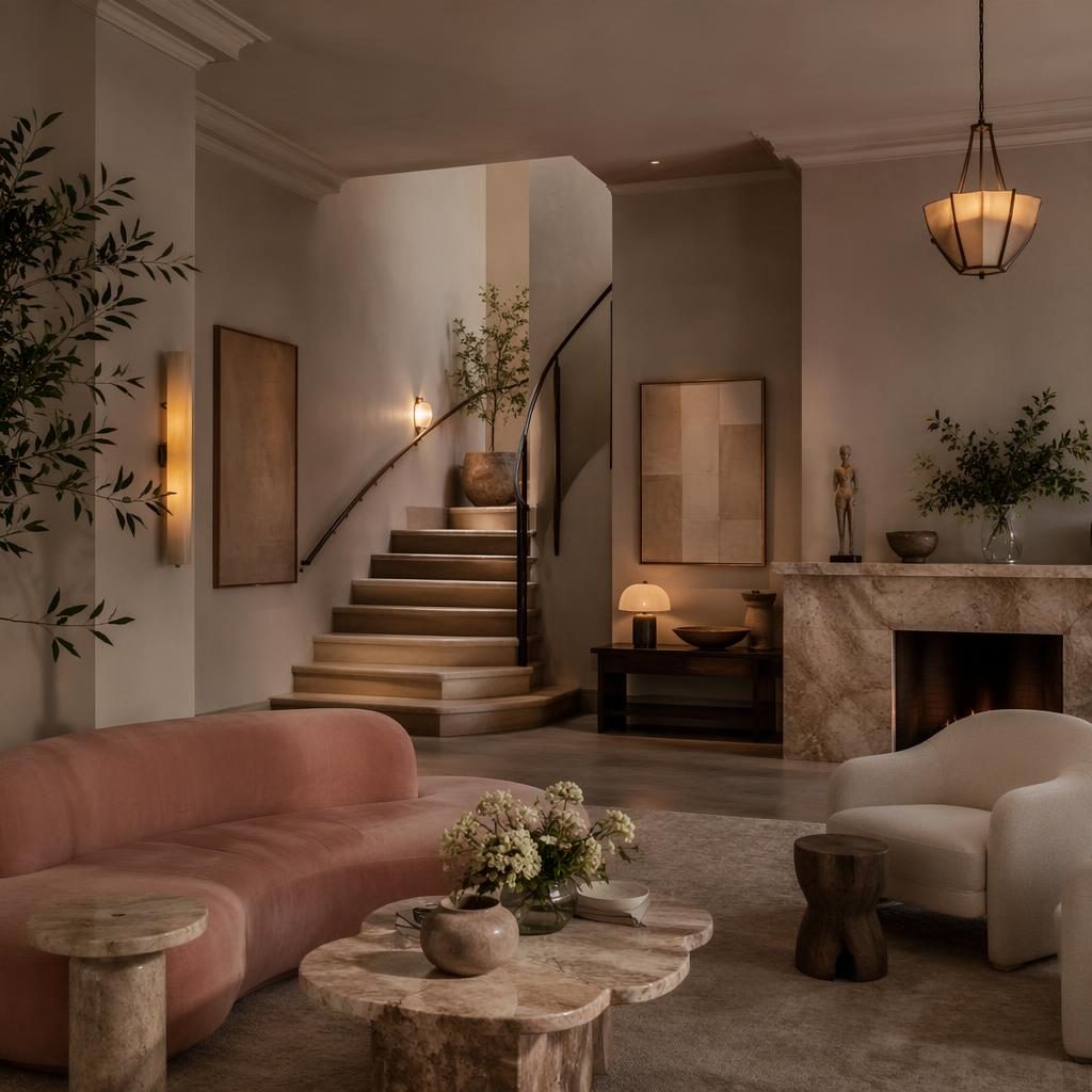Realistic art deco living room with internal staircase, pastel pink and beige decor, natural materials, plants, textiles.