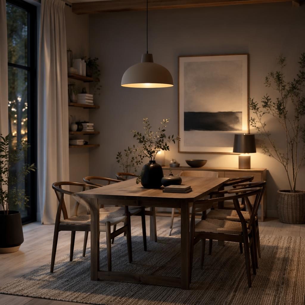 Salle à manger scandinave minimaliste en gris froids, bois clair, plantes, textiles, art mural, lumière chaude du soir