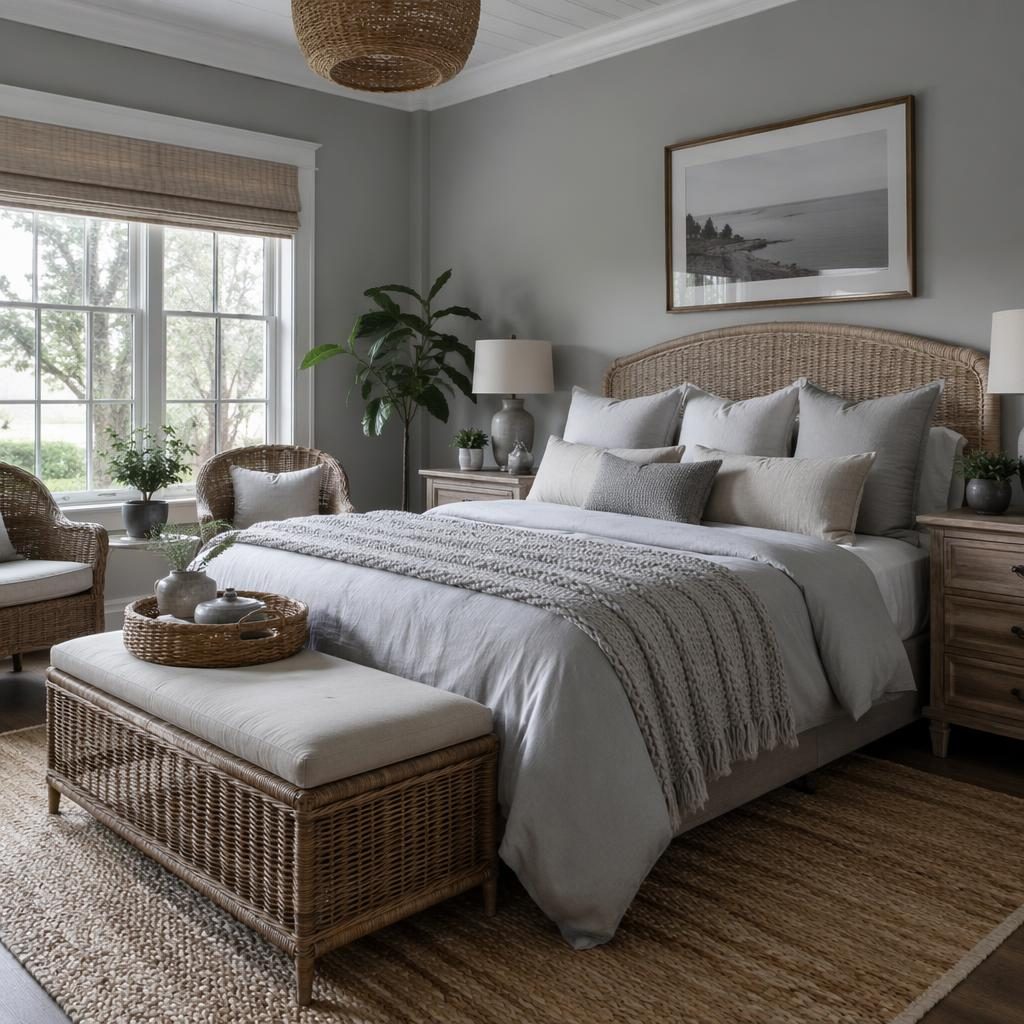 Farmhouse bedroom interior with cool grey palette, coastal rattan sunroom feel, soft daylight, plants, art and textiles