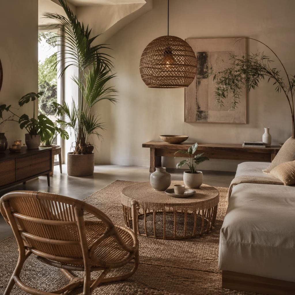 Boho-Wohnraum mit Rattanmöbeln, warmen Naturtönen, Pflanzen, Kunst, Textilien und stimmungsvoller Beleuchtung