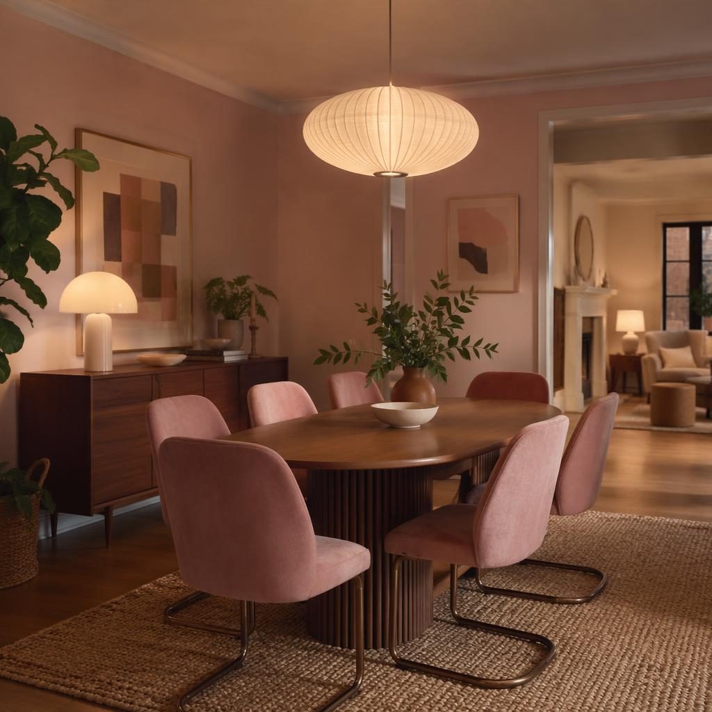Mid-century dining room with pastel pink and beige decor, natural materials, plants, art, textiles, and exposed pipes.